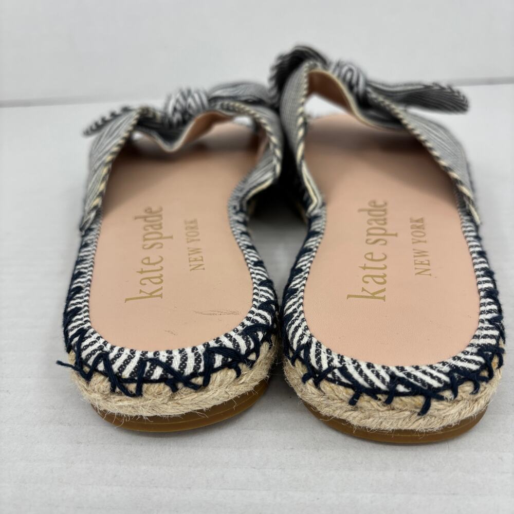 Kate Spade Slide Sandals Size 8 Blue Stripe Saltie Shore Espadrille Flat Bow - Picture 10 of 13